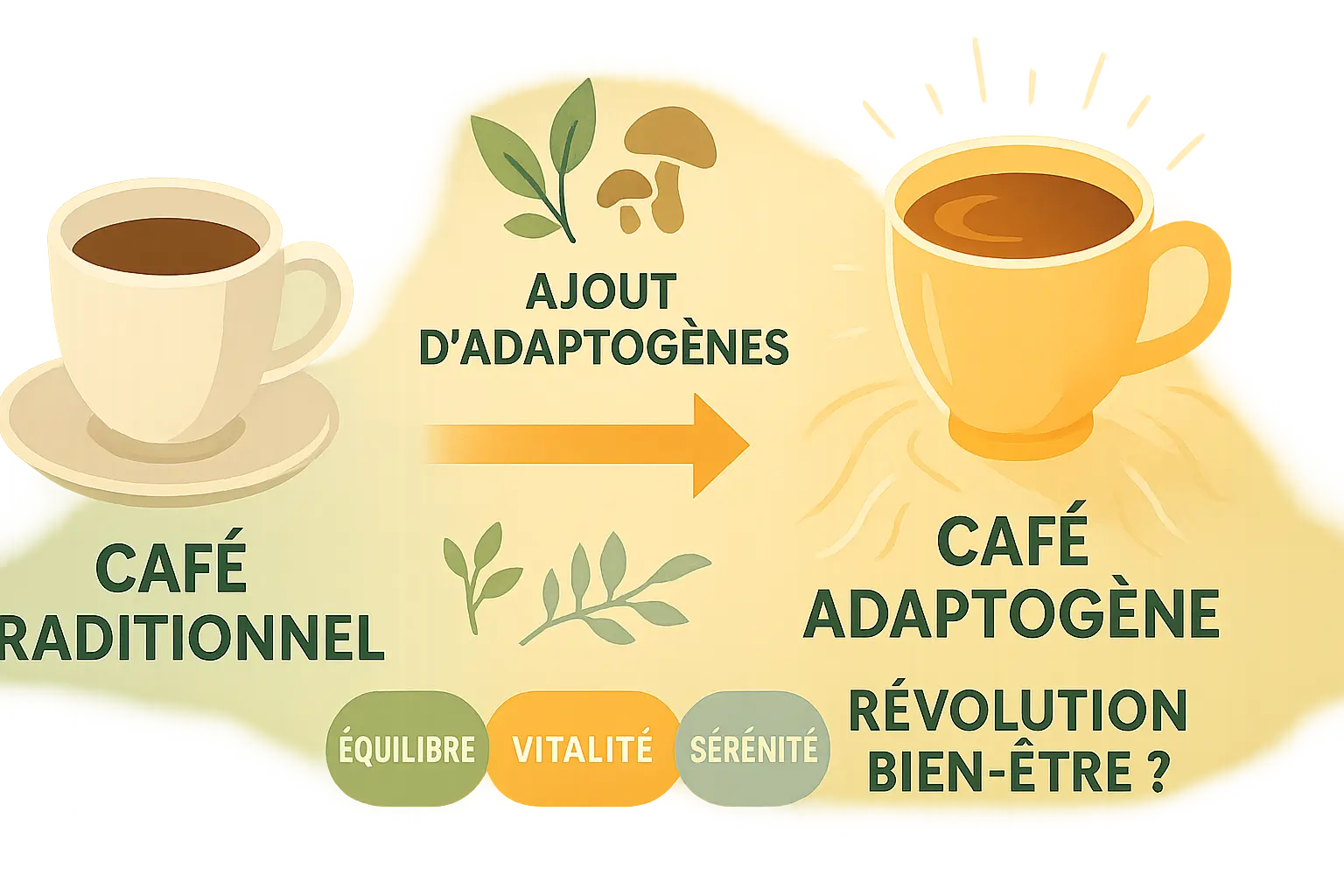Illustration d'une tasse de café adaptogène avec des champignons reishi et cordyceps