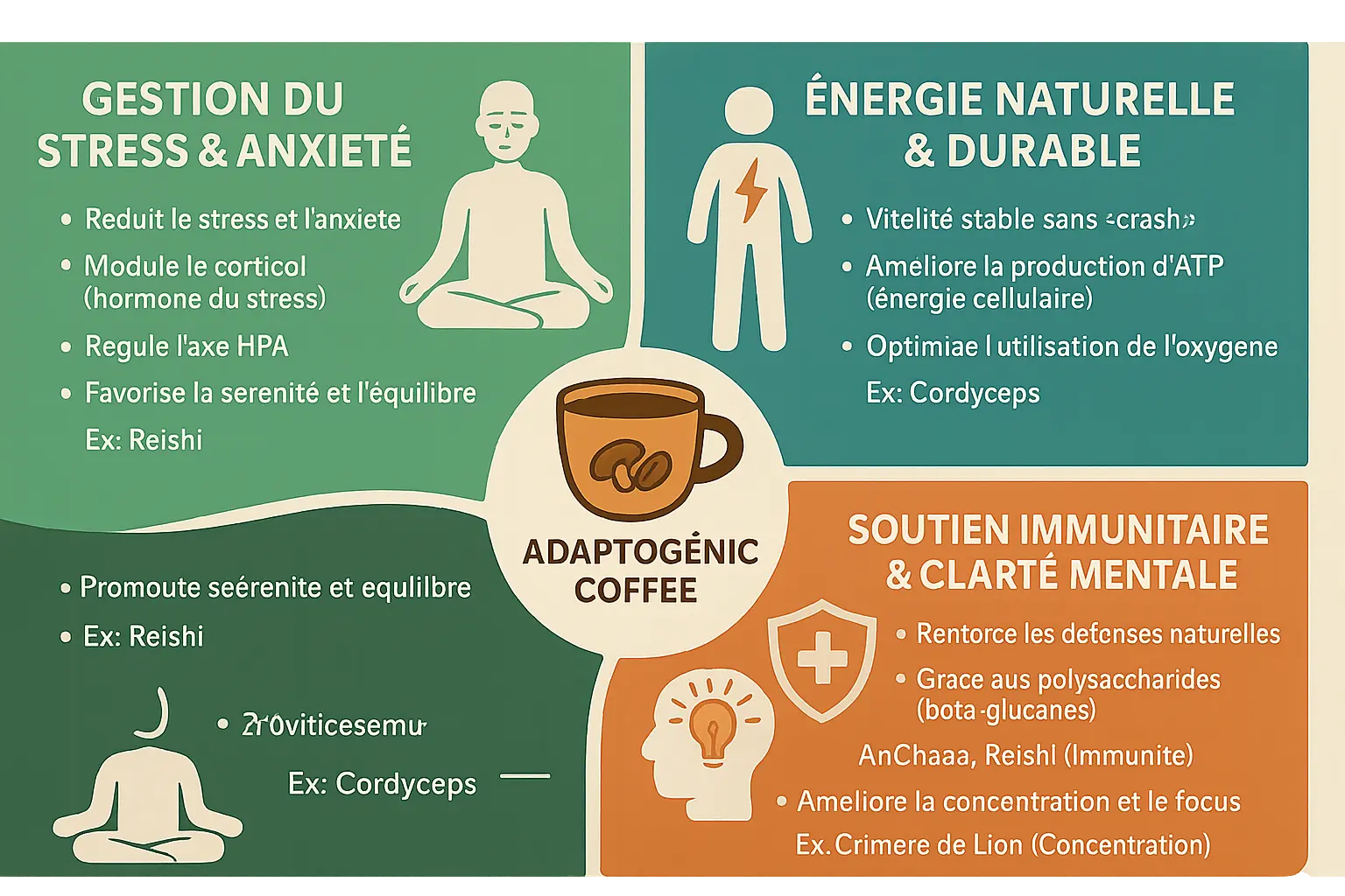 Illustration du café adaptogène avec les champignons Reishi, Cordyceps et Chaga