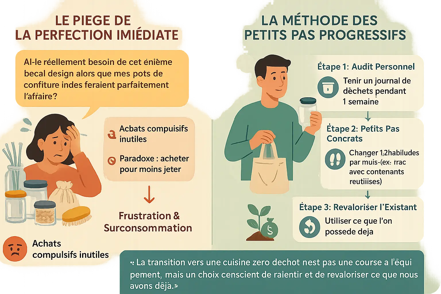 Illustration d'une cuisine zéro déchet en transition