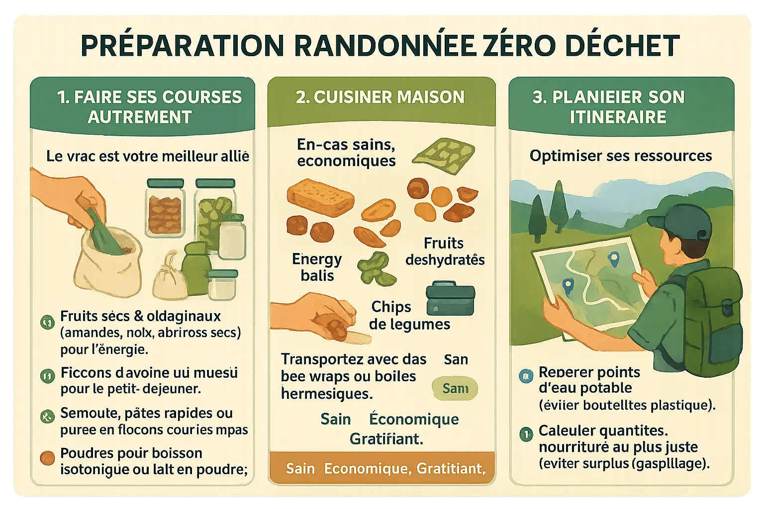 Illustration d'une randonnée zéro déchet avec des accessoires réutilisables