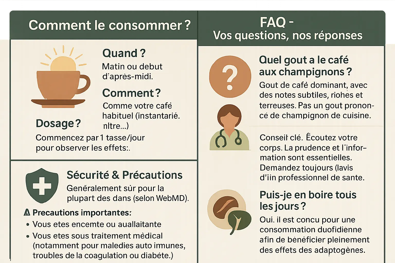 Illustration du café adaptogène Foocus avec icônes d'énergie et d'immunité : une tasse fumante entourée de champignons reishi, cordyceps et chaga, accompagnée de pictogrammes représentant la vitalité, la concentration et les défenses immunitaires